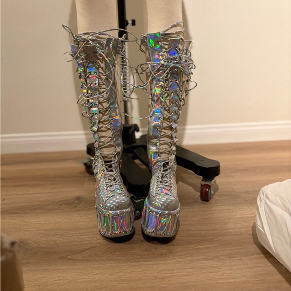 Dolls Kill Holographic Lace-Up platform Boots - Picture 4 of 15